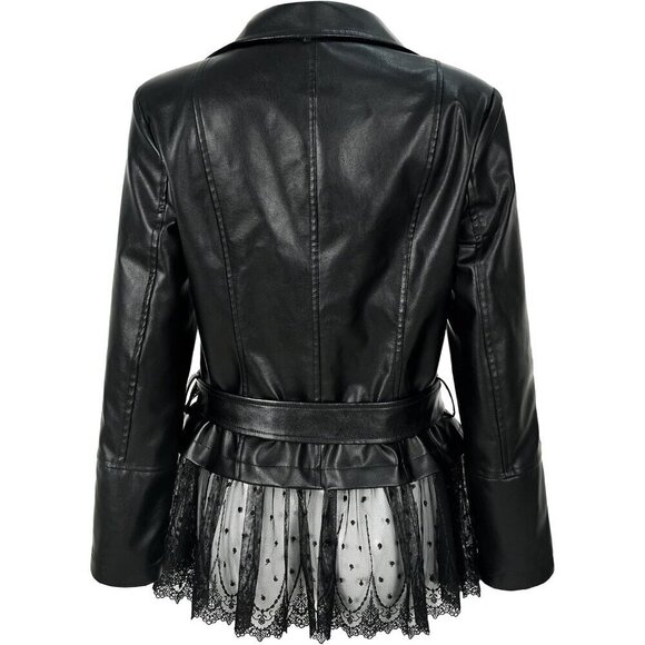 Women's faux leather black lace moto vintage coat riding coat - Picture 3 of 7